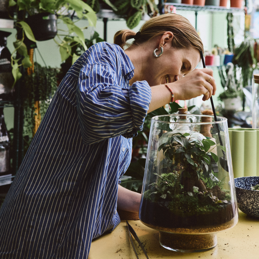 emma sibley planting a glass terrarium in her london plant shop